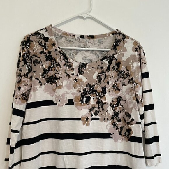 COLDWATER CREEK White Black Striped Brown Floral Mixed Print 3/4 Sleeve Tee Top - Picture 2 of 13